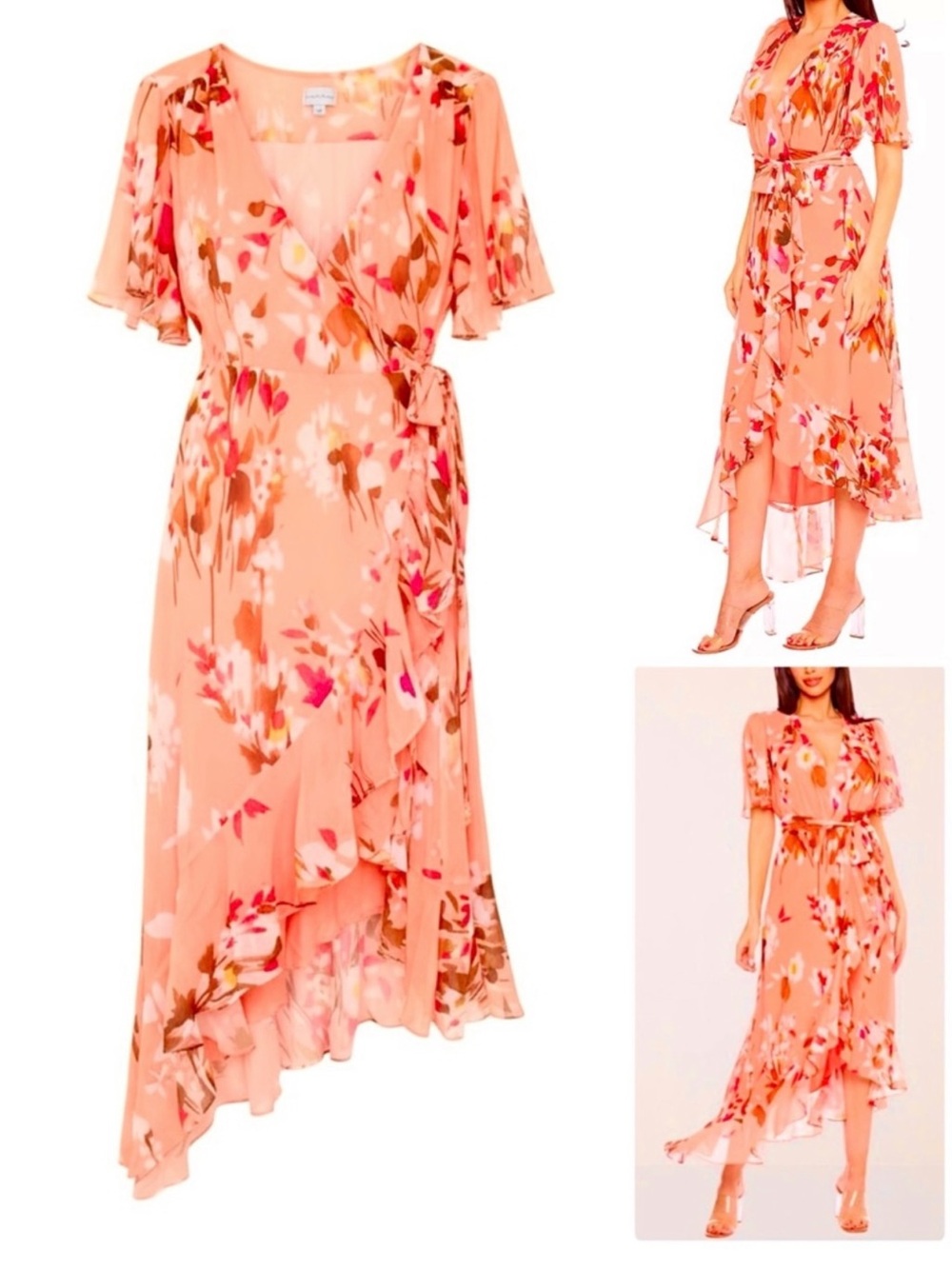 Peach Floral Wrap High-Low Dress with Tie Waist